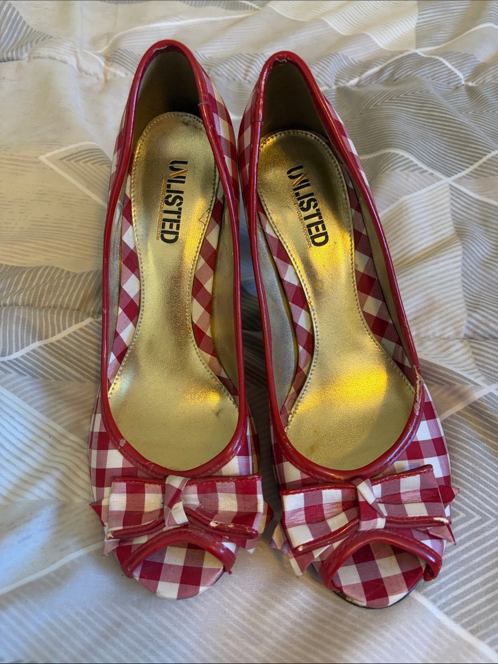 Unlisted by Kenneth Cole Red and White Gingham Peep-Toe Pumps with Bow